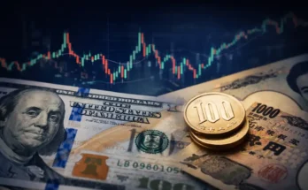 Close-up of various currencies and a stock market chart in the background