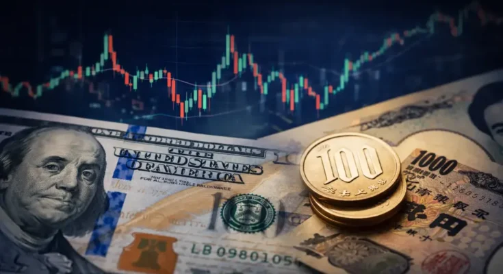 Close-up of various currencies and a stock market chart in the background