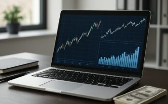 A laptop displaying financial graphs and a stack of dollar bills on a wooden table