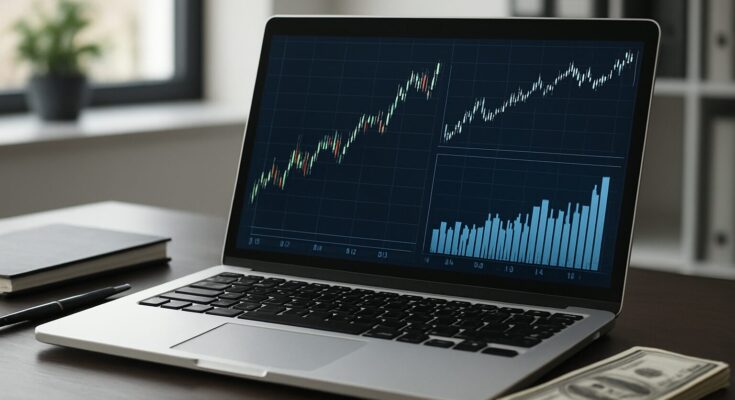 A laptop displaying financial graphs and a stack of dollar bills on a wooden table