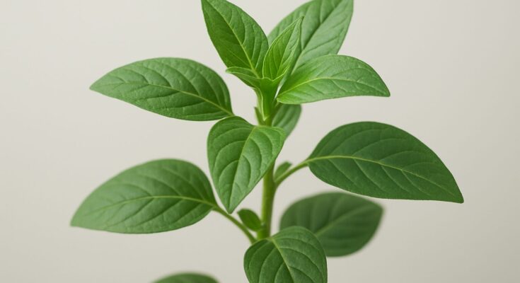 A close-up of a green plant with broad leaves against a plain background.