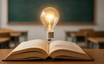 An open book with a glowing lightbulb floating above it in a classroom setting.