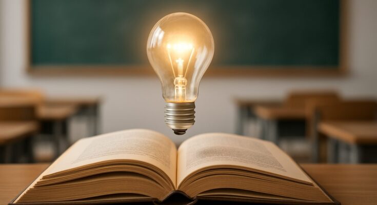 An open book with a glowing lightbulb floating above it in a classroom setting.
