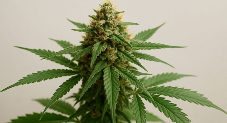Close-up of an indica cannabis plant with green leaves and flowering buds