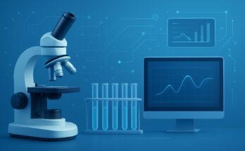 A digital illustration of a microscope and test tubes beside a computer displaying a graph, emphasizing laboratory diagn