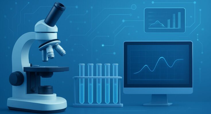 A digital illustration of a microscope and test tubes beside a computer displaying a graph, emphasizing laboratory diagn