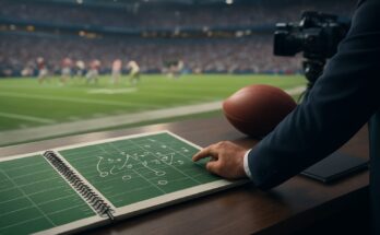 A coaching strategy notebook with football plays, a football, and a blurred football game in the background.