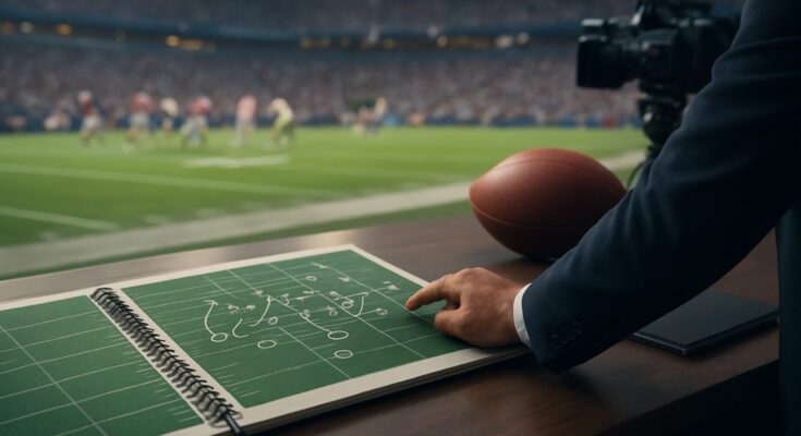 A coaching strategy notebook with football plays, a football, and a blurred football game in the background.